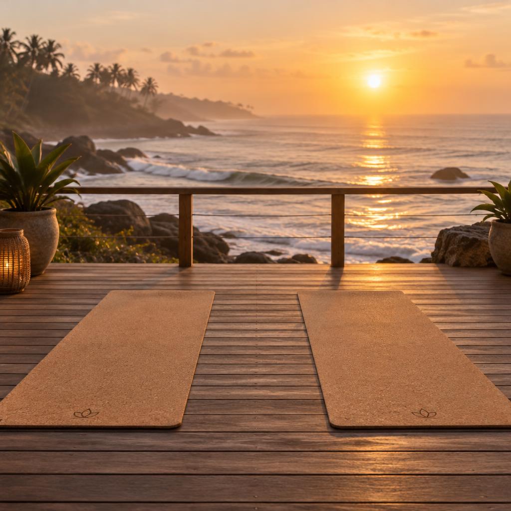 Two yoga mats facing each other on the Ballito promenade deck at sunrise